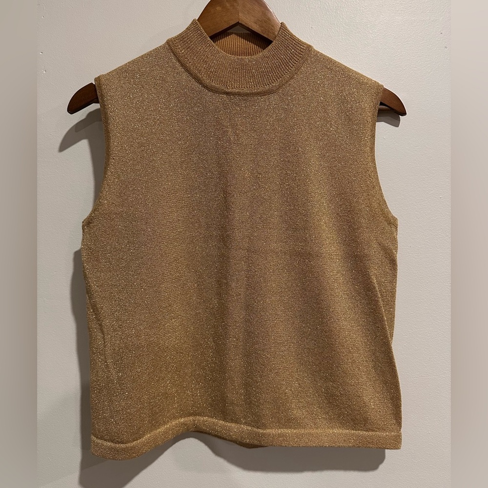 CLEO PETITES Vintage Gold Metallic Shimmer Mock Neck Sleeveless‎ Top Size M